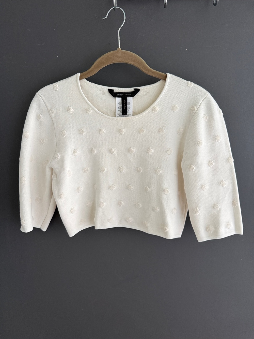 BCBGMaxAzria ARYEN Cream Cropped Dot-Textured Top Size M